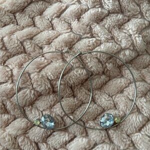 Silver Hoop Earrings with Light Blue and Pale Yellow Crystals